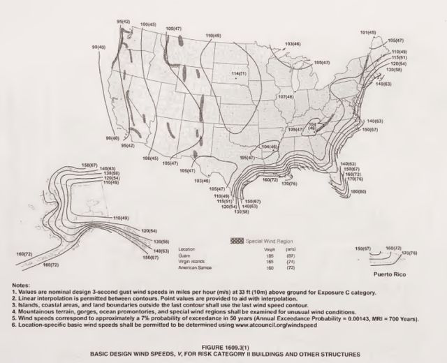 Figure 66,wind, values are nominal design 3 second wind gust speeds, linear interpolated between contours, boundaries outside contours use last wind contour, special wind regions examined for unusual wind conditions