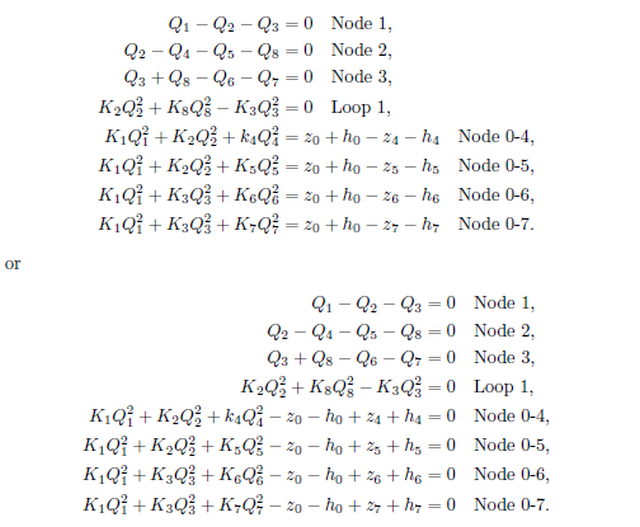 Systems of Equations, Applying the mass and the energy conservation on the junctions, loops of the water distribution system, shown in the last figure