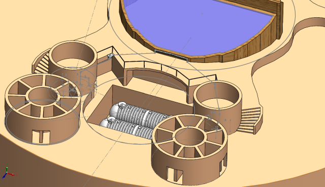 Layout of Two 10,000-Gallon Fiberglass Cistern Water Storage Tanks, Fiberglass cistern tanks could be of good use for stormwater harvesting and storage, Considering manufacturing, transportation, and cost, the accessibility of fiberglass cisterns is limited, A 10,000 gallon fiberglass cistern tank costs around $22,000, lasts around 30 to 40 years, less construction is needed for fiberglass cisterns in comparison to other options, the figure shows two fiberglass cisterns which together offer a total of 20,000 gallons of storage capacity, They are placed in the center, surrounded by the net-zero bathrooms and the shower rooms