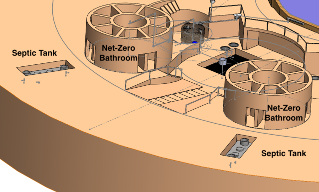 Positions of Two Septic Tanks Relative to the Net-zero Bathrooms, septic tank, net-zero bathroom, location of your septic tank location be as close as possible to the facilities in order to avoid long wastewater conveyance distances which might cause clogging, The positions of our two septic tanks for this design relative to their corresponding net-zero bathroom