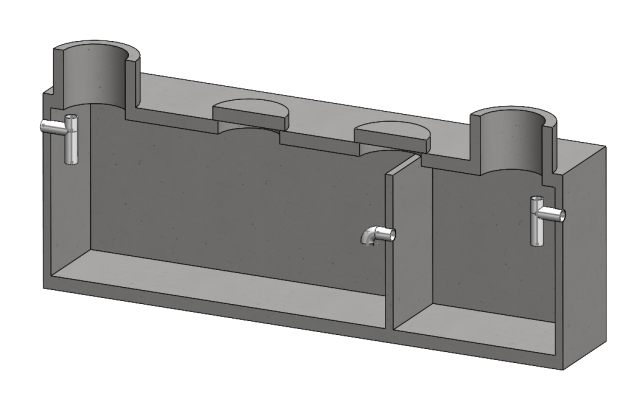 Sectional View of Two-chamber 2,500 Gallons Precast Concrete Septic Tank, For our Earthbag Village septic tank design, we are choosing to install either precast concrete septic tanks or plastic septic tanks, Ultimately, all of our four septic tanks on site will be the same kind, we will update this page when our final decision has been made