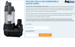 PROLINE HIGH-FLOW SUBMERSIBLE WATER PUMPS are our latest line of Water Pumps by Danner Manufacturing, They each feature a vortex impeller for increased torque flow which eliminates clogging and binding made of F.R.P (fiberglass reinforced plastic) for minimal abrasive wear, The HFS pumps also feature a rugged, durable stainless steel motor which is corrosion resistant for all kinds of weather elements, The HFS Pumps have built-in thermal protection which is a self-resetting automatic protection against overload and overheat conditions, They also feature high-quality double silicone carbide mechanical seals (impeller side) for increased performance and additional abrasive resistance