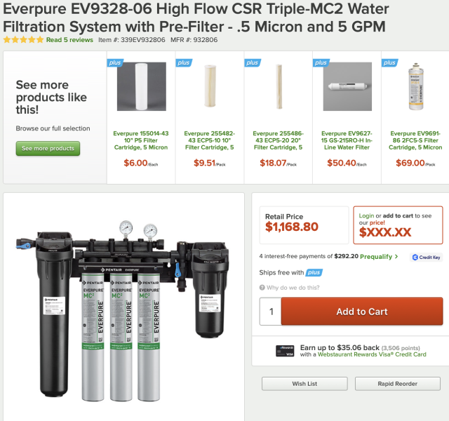 High Flow Water Filtration System, for use with high volume and combination water-fed equipment, Filters your water for chlorine, taste and odor, cysts, bacteria, and sediments, Included SR-X feeder inhibits scale buildup, 20" pre-filter filters for sediments,