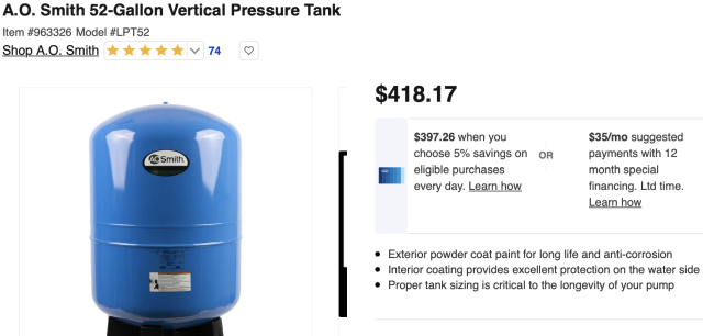 Lowe’s A.O. Smith 52-Gallon Vertical Pressure Tank Product Page, Item #963326, Exterior power coat paint for long life and anti-corrosion, Interior coating provides excellent protection on the water side, proper tank sizing critical to the longevity of pump