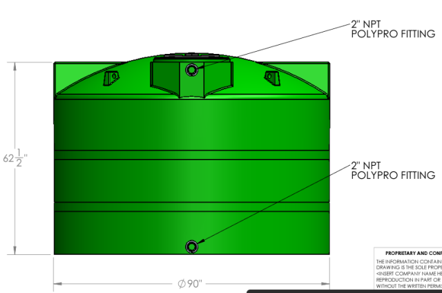  Water Storage Tank Specs Drawing, 2 in polypro fitting, 24 in threaded lid with breather, material HDPE, weight 200 lbs