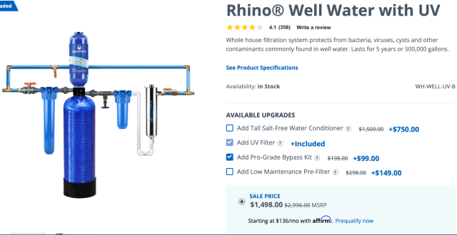Well Water UV Filtration System, The Rhino® Well Water with UV is engineered to maximize potent filtration media for ultimate performance throughout your entire home for 500,000 gallons or up to 5 years, Designed specifically for homes that rely on well water, this filtration system protects against contaminants commonly found in private well water, The included UV provides total home protection by sterilizing 99.99% of bacteria and viruses and 99% of cysts and is independently tested to NSF/ANSI Standard 55.