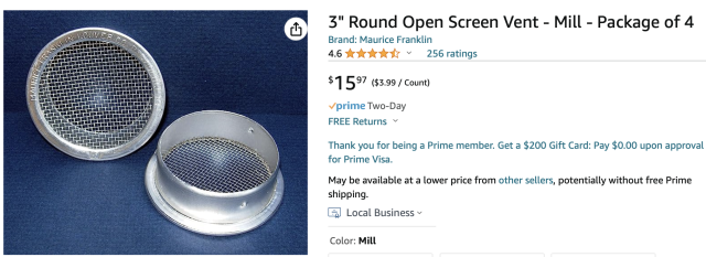 3" Round Open Screen Vent, Brand: Maurice Franklin, Material: Wood, Glass, Metal, Polyvinyl Chloride, Special Feature: Lightweight, Item Dimensions LxWxH: 8 x 4 x 2 inches, Style: ModernColor: Mill 