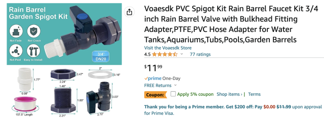 PVC Spigot Kit - Voaesdk PVC Spigot Kit Rain Barrel Faucet Kit 3/4 inch Rain Barrel Valve with Bulkhead Fitting Adapter , PTFE, PVC Hose Adapter for Water Tanks, aquariums, tubs, pools, barrels, Material: Polyvinyl Chloride (PVC), Item Dimensions LxWxH: 5.12 x 2.16 x 3.15 inches, Inlet Connection Type: National Pipe Tapered Valve Type: Ball Valve 