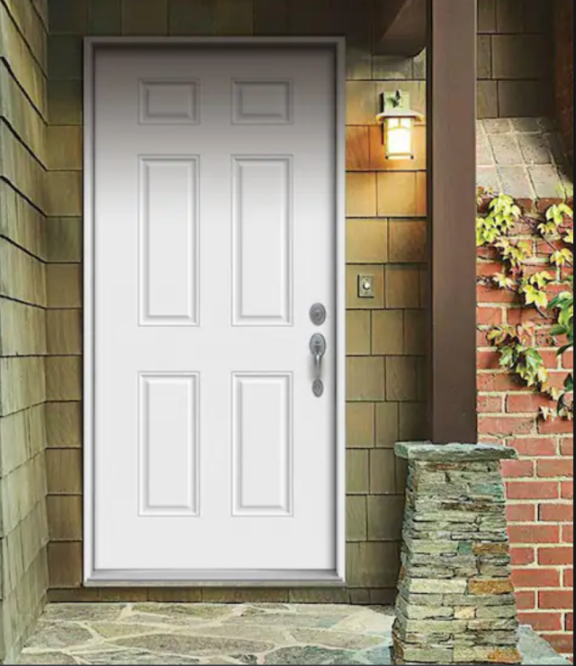 Jeld Wen Steel Entry Door, Steel exterior, Polyurethane or polystyrene core, Wood edge for extra insulation, Fire rated, 10-year warranty, Auralast Pine frame