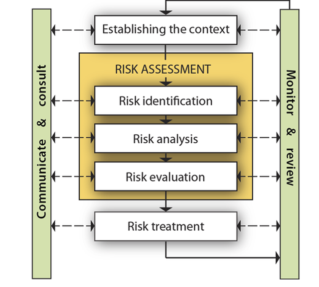 IOS framework for risk management, establishing the context, risk assessment, risk identification, risk analysis, risk evaluation, risk treatment