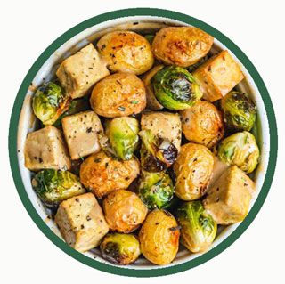 Garlic Brussels Sprouts Potatoes and Baked Tofu