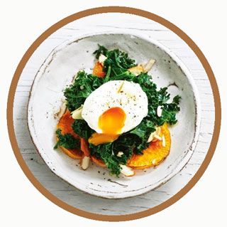 Roasted Sweet Potato, Wilted Garlic Kale, Poached Egg and Almonds