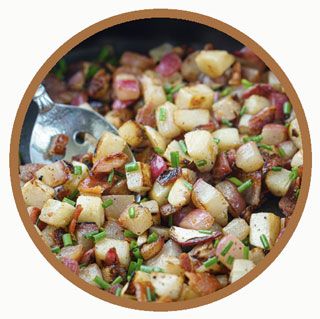 Crispy Spanish Potatoes, Fried Radishes and Turnips with Bacon, Eggs and Black Beans