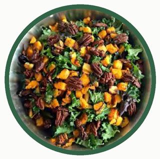 Spinach Salad with Butternut Squash, Roasted Potatoes and Cayenne Spiced Pecans