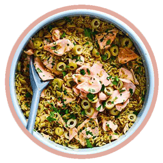 Brown Rice With Salmon, Preserved Lemon & Olive Pilaf