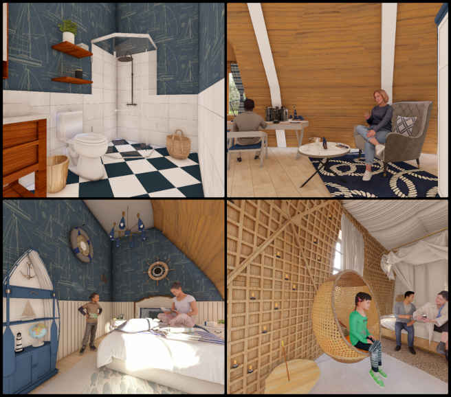 Render edit, Holistic Human Support Webs, One Community Weekly Update #591, themed rooms, Nautical-themed room, Tranquility room, SketchUp, Lumion, Neofuturistic room, bathroom mirror, rendered view, sun pathing, video preparation