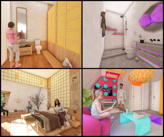 Room design, Prioritizing Positive Global Change, One Community Weekly Update #590, themed rooms, Tea Room, Neofuturistic Room, adjusting lighting, improving ambiance, diverse group of people, clutter items, lived-in feel, unique theme, completing rooms