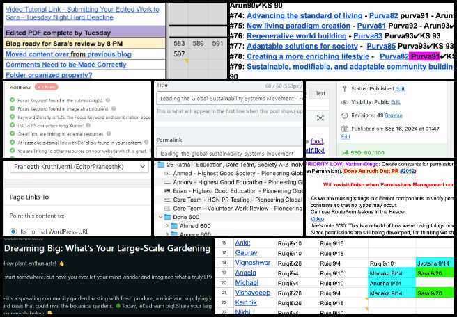 Admin, Team Management, Tending the Human Garden, One Community Weekly Progress Update #601, candidate interviews, SEO page assignments, technical development, community engagement, Figma design analysis, data visualization research, blog SEO updates, Facebook and Instagram scheduling, keyword optimization, title enhancements