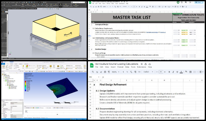 Vermiculture, Mimicking the Natural Order with Complex Systems, One Community Weekly Progress Update #599, Master task list spreadsheet, project steps tracking, weekly team meeting participation, team management document review, swiveling saddle jack research, ventilation requirements assessment, CAD model revision, dumping system concept update, finite element analysis (FEA), hammer impact absorption research