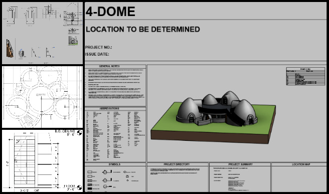 Dome Design, Mimicking the Natural Order with Complex Systems, One Community Weekly Progress Update #599, Construction documents, Revit titleblock, cover page option, project type information, relevant building codes, sheet index creation, general notes cover page, base views placeholders, Revit construction updates