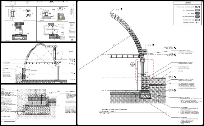 Dome Design, Pioneering Global Zonal Master Planning, One Community Weekly Progress Update #600, Refining construction documents, wall sections with earth bag details, enlarged window details, enlarged door details, expanded footing section, foundation section development, base stair details, balancing structural requirements, maximizing storage space, step-by-step closet stair build document