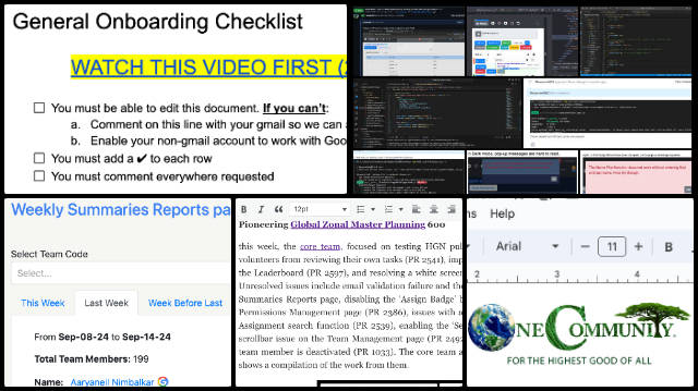 Highest Good Network software, Tending the Human Garden - One Community, Weekly Progress Update #601, Data Analyst tasks, One Community volunteer tracking, HGN app setup, project management for volunteers, review and feedback process, WordPress page formatting, content management with Google Docs, Dropbox file management, tracking volunteer hours, team coordination via comments and notifications.