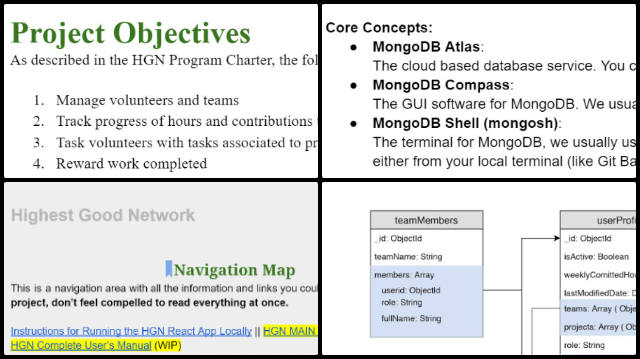 Highest Good Network software, Tending the Human Garden - One Community, Weekly Progress Update #601, PR review, Phase 1 schematics, Phase 2 schematics, database structures design, backend understanding, Phase 1 documentation, software engineer tasks, project understanding, database illustrations, backend structure analysis.