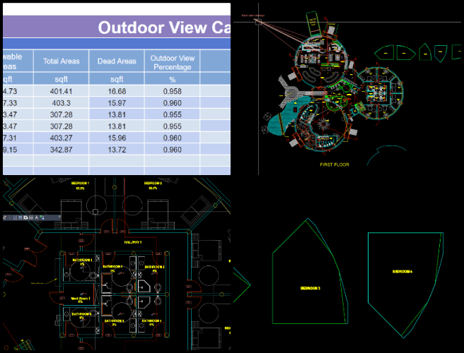 Duplicable City Center, Pioneering Global Zonal Master Planning, One Community Weekly Progress Update #600, LEED lighting, Room #12 rendering, Outdoor View Calculation, detailed calculation View Calculation percentage, living dome, 1st floor dome, lighting improvement plan, room calculations, architectural rendering,