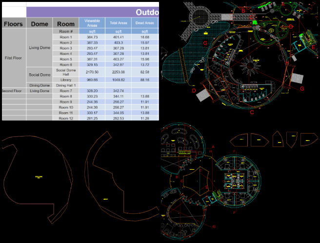 Duplicable City Center, Tending the Human Garden, One Community Weekly Progress Update #601, AutoCAD, outdoor view percentage, LEED Quality Views Analysis, dome design, room view calculation, sustainable architecture, green building certification, floor plan analysis, environmental design, architectural illustration