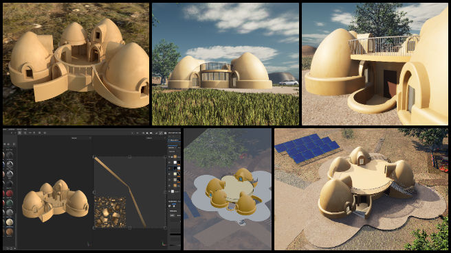 Vermiculture, Mimicking the Natural Order with Complex Systems, One Community Weekly Progress Update #599, 4-dome project texture enhancement, building mesh cleanup, UV mapping correction, PBR texture paint workflow, customized texture maps, Substance Painter textures, Unreal Engine exterior materials, ground tile modeling in Blender, architectural visualization hard surface, texture components refinement