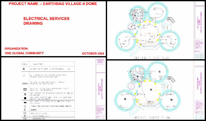 Developing Highest Good Eco-cooperative Solutions, One Community Weekly Progress Update #605, lighting layout, socket placement, panel layout, Earthbag Village, 4 dome project, receptacle placement, distribution panel, American standard, single-phase voltage, 120 volts