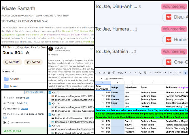 Admin, Team Management, Developing Highest Good Eco-cooperative Solutions, One Community Weekly Progress Update #605, candidate interviews, SEO page loading issues, weekly summary creation, SEO optimization updates, Google Analytics research, keyword integration for SEO, frontend PR testing, WordPress page updates, blog performance metrics, social media post scheduling 