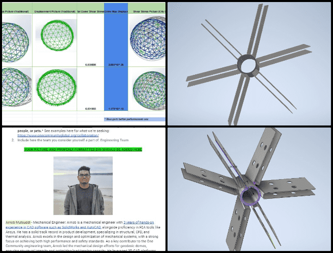 Duplicable City Center, developing Highest Good Eco-cooperative Solutions, One Community Weekly Progress Update #605, traditional vs. stress test, wind load analysis, report updates, measurement calculations, geodesic dome design, hub connector modifications, team collaboration, simulation results, project progress discussions, engineering insights