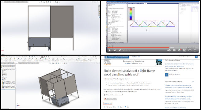 Developing Highest Good Eco-cooperative Solutions, One Community Weekly Progress Update #605, Unistrut assembly refinement, drawer integration, side panel modifications, structural feedback, waste dumping assembly redesign, sign post, pin and rocker mechanism, structural stability, finite element analysis (FEA), roof joist analysis, four-dome cluster project, software tools, FEA assistance.