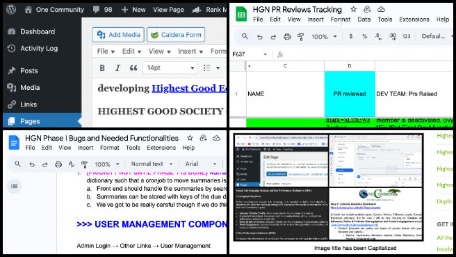 Highest Good Network, Solutioneering a World that Works for Everyone, One Community Weekly Progress Update #606, administrative tasks, WordPress SEO images, blog review, HGN document, SEO strategy meeting, HGN Phase 1 process, HGN PR Reviews Tracking, content prioritization, urgent priority tasks, team collaboration.