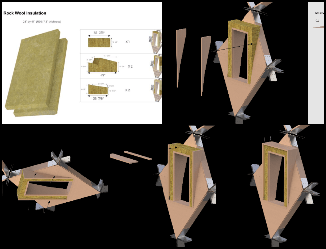 Duplicable City Center, developing Highest Good Eco-cooperative Solutions, One Community Weekly Progress Update #605, dormer window instructions, rock wool insulation, image rendering, appealing layout design, insulation placement preview, materials list compilation, insulation dimensions, slide compilation, document expansion, instructional guide development.