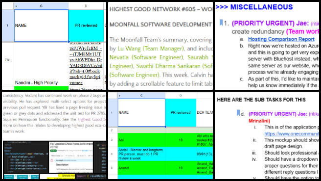 Highest Good Network, Solutioneering a World that Works for Everyone, One Community Weekly Progress Update #606, Blog feedback, Team MoonFall, admin activity tracking, team collages, summaries and image review, video submission feedback, HGN PR reviews, high-priority task tracking, color-coded reference sheet, process documentation.