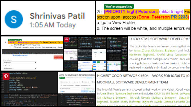 Highest Good Network, developing Highest Good Eco-cooperative Solutions, One Community Weekly Progress Update #605, Blog feedback, Team MoonFall review, Team Lucky Star blog integration, team collages, admin summaries review, frontend testing, pull request feedback, user manual content, project listing, task management.