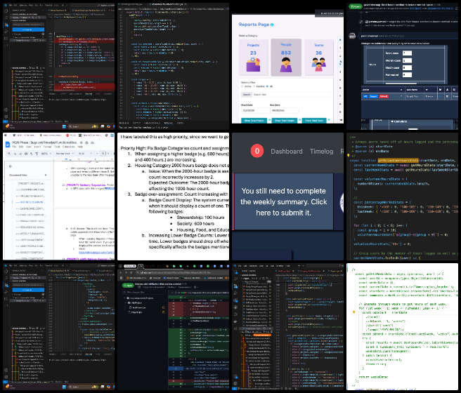 Code Crafters Team, Highest Good Network, Solutioneering a World that Works for Everyone, One Community Weekly Progress Update #606, merge conflicts resolution, pull request review, project layout alignment, bug fixing process, vertical spacing adjustments, dashboard navigation issues, volunteer hour reporting system, badge categories action plan, pie chart color inconsistency, Postman testing