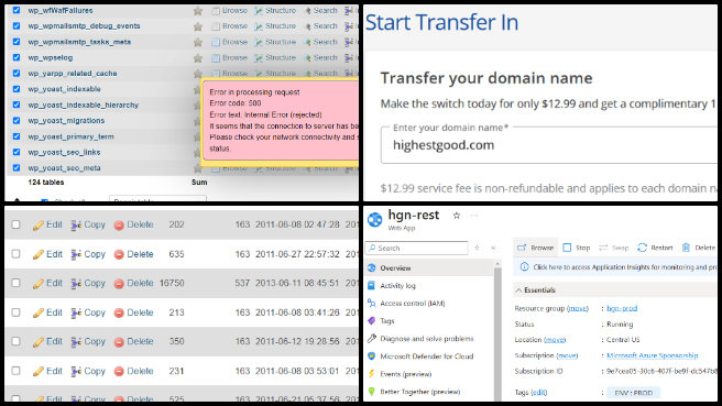 Highest Good Network, Solutioneering a World that Works for Everyone, One Community Weekly Progress Update #606, website downtime resolution, Bluehost database optimization, application migration to Azure, Azure backups, Bluehost migration coordination, HGN app setup, Bluehost functionality testing, free domain acquisition, HGN application demo deployment, domain transfer to Azure.