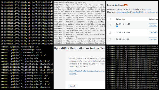 Highest Good Network, developing Highest Good Eco-cooperative Solutions, One Community Weekly Progress Update #605, Website restoration, broken backup restore, Bluehost troubleshooting, system backup creation, data safety, database restoration, website downtime troubleshooting, corrupted database recovery, Azure HGN application, non-corrupted database update.