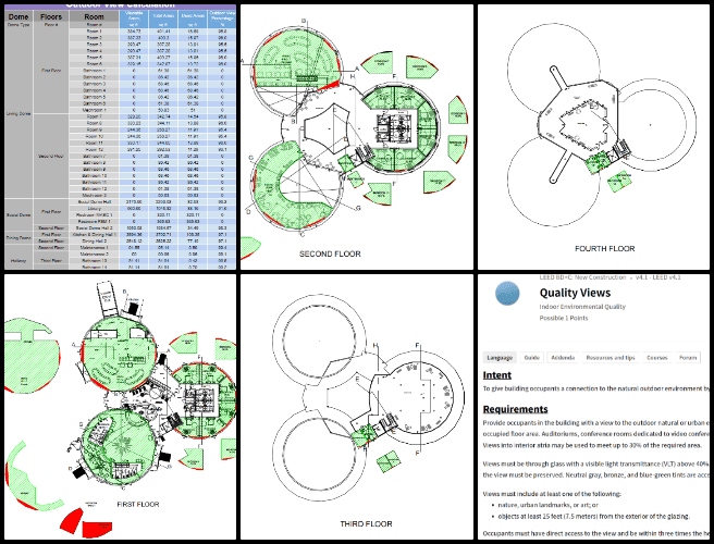 Duplicable City Center, Becoming the Most Reparative Element, One Community Weekly Progress Update #603, Quality Views, USGBC requirements, AutoCAD calculations, Outdoor View percentage, architectural design, dome structure analysis, SketchUp comparison, building design criteria, point earning criteria, environmental sustainability.