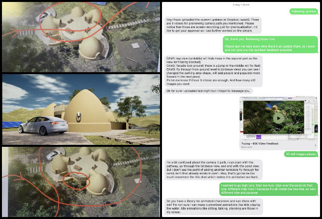 Developing Highest Good Eco-cooperative Solutions, One Community Weekly Progress Update #605, flyover video adjustments, parking area design, foliage improvements, flower placement, camera adjustments, video discussions, camera path refinement, character finalization, texture finalization, video and image delivery, scene enhancements.
