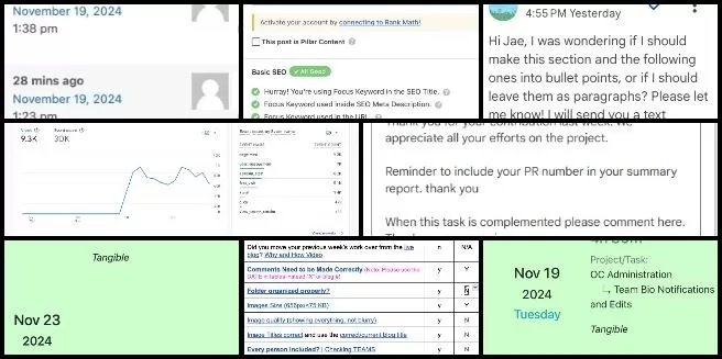 SEO optimization methods, integrating Rank Math Analytics, Google Analytics Team, improving keyword rankings, in-page SEO for blogs, custom event strategies, Highest Good Food integration, optimizing keyword density, analytics dashboards research, enhancing Google Analytics reporting, One Community Weekly Progress Update #610