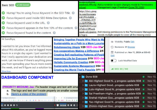 Admin, Team Management, Ongoing Path to Making No-Impact Living Mainstream, One Community Weekly Progress Update #609, SEO pages, keyword integration, blog transfer, WordPress content management, social media post scheduling, user engagement strategy, blog description updates, Google Analytics, frontend testing, Google AdWords