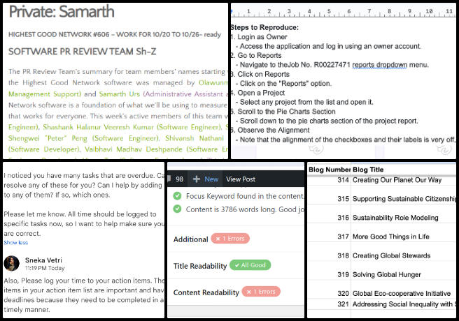 Admin, Team Management, Designing Global-Sustainability Systems, One Community Weekly Progress Update #607, candidate interviews, SEO page optimization, blog collages, social media scheduling, Google AdWords, Google Analytics, frontend testing, PR review process, weekly summaries, blog performance metrics