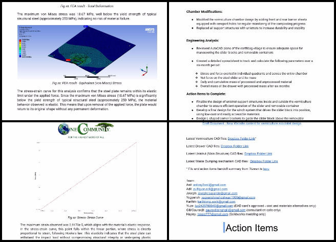 Vermiculture Toilet, Ongoing Path To Making No-Impact Living Mainstream, One Community Weekly Progress Update #609, weekly summaries with screenshots, vermiculture collaboration document updates, master task list revisions, integrating research findings, slider FEA analysis, stress-strain curve analysis, team meeting collaboration, document edits and feedback, bill of materials spreadsheet, reorganizing and reformatting documentation