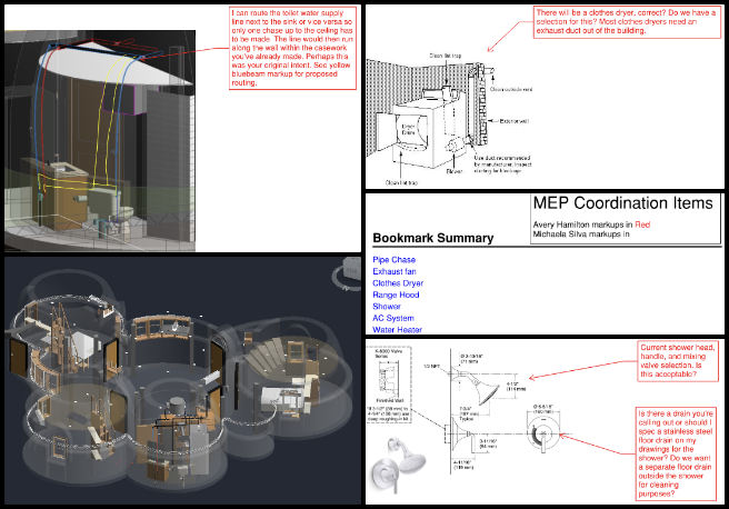 Earthbag Village, Creating Patterns of Positive Change, One Community Weekly Progress Update #608, MEP coordination document, fixture selection for MEP, equipment code requirements, equipment location planning, refrigerant piping layout, indoor AC unit design, system design integration, mechanical element alignment, project model updates, MEP system design