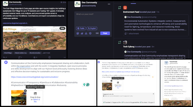 Highest Good Society, Ongoing Path to Making No-Impact Living Mainstream, One Community Weekly Progress Update #609, Mastodon strategy, social media marketing, blog updates, targeted hashtags, post optimization, Buffer scheduling, online reach, content review, team feedback, digital audience growth