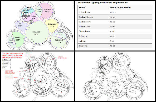 Earthbag Village, Creating Patterns of Positive Change, One Community Weekly Progress Update #608, minimum light levels for residential spaces, light fixture layout, electrical coordination plans, roof structure meeting, maximum deflection research, live load calculations, dead load specifications, residential lighting standards, code research for roof structures, team guidance on structural calculations